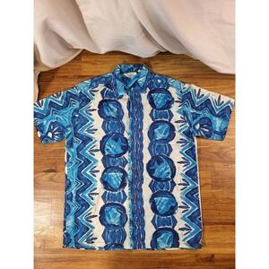 Vtg 60s Malihini Hawaiian Shirt Bark Cloth Button Up Fish Hawaii Mens S/M Blue